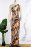 Orange Sexy Print Hollowed Out Backless Oblique Collar Long Dress Dresses
