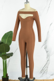 Brown Sexy Casual Solid Hollowed Out Off the Shoulder Skinny Jumpsuits