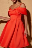 Orange Red Casual Solid Backless Off the Shoulder Short Sleeve Dress Dresses