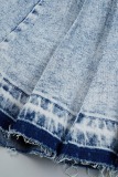 Deep Blue Casual Patchwork Pleated High Waist Regular Denim Skirts