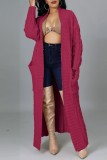 Red Casual Street Solid Slit Cardigan Weave Outerwear