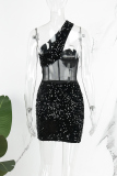 Green Sexy Patchwork Sequins See-through Backless Oblique Collar Sleeveless Dress Dresses