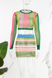 Green Casual Striped Print Basic O Neck Long Sleeve Two Pieces