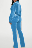 Sky Blue Casual Solid Patchwork Buckle Slit Turndown Collar Long Sleeve Two Pieces
