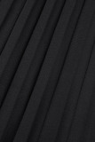 Black Casual Solid Hollowed Out Asymmetrical O Neck Pleated Dresses