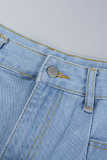Blue Casual Solid Patchwork High Waist Regular Denim Shorts