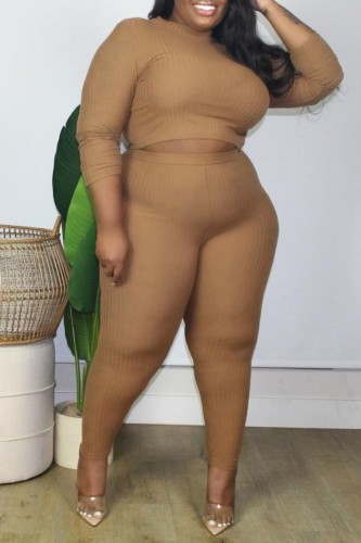 Khaki Casual Solid Basic O Neck Plus Size Two Pieces