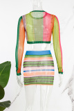 Green Casual Striped Print Basic O Neck Long Sleeve Two Pieces