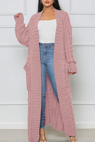 Light Pink Casual Street Solid Slit Cardigan Weave Outerwear