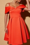 Orange Red Casual Solid Backless Off the Shoulder Short Sleeve Dress Dresses