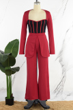 Burgundy Casual Patchwork Contrast Square Collar Regular Jumpsuits