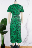Green Casual Print Slit Half A Turtleneck Short Sleeve Dress