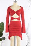 Red Sexy Solid Hollowed Out V Neck Long Sleeve Dresses