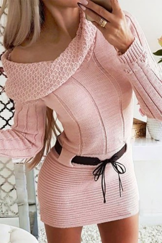 Pink Casual Solid Patchwork O Neck Long Sleeve Dresses
