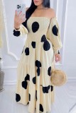 Cream White Casual Dot Print Patchwork Backless Off the Shoulder Long Dress Dresses