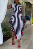 Blue Striped Print Sleeveless Ruffle Irregular Hem Daily Vacation Maxi Dress