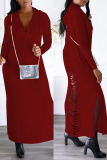 Burgundy Casual Solid Slit Hooded Collar Long Sleeve Dresses