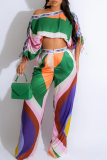 Purple Geometric Print Lantern Sleeve One Shoulder Crop Top and Palazzo Pants Daily Vacation Two Piece Trousers Set