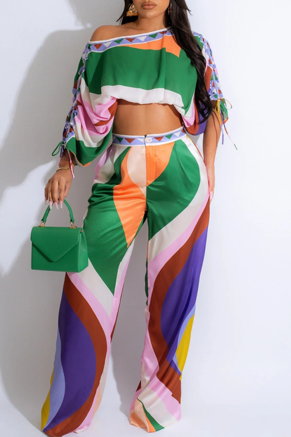 Green Geometric Print Lantern Sleeve One Shoulder Crop Top and Palazzo Pants Daily Vacation Two Piece Trousers Set