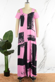 Pink Casual Print Hollowed Out Square Collar Long Dress Dresses