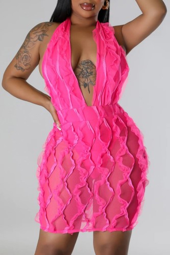 Rose Red Sexy Solid Patchwork See-through Backless Halter Sleeveless Dress Dresses