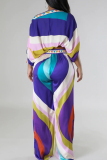 Purple Geometric Print Lantern Sleeve One Shoulder Crop Top and Palazzo Pants Daily Vacation Two Piece Trousers Set