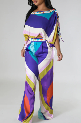 Purple Geometric Print Lantern Sleeve One Shoulder Crop Top and Palazzo Pants Daily Vacation Two Piece Trousers Set