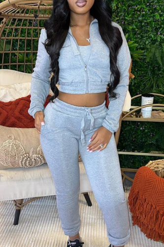 Grey Casual Solid Patchwork Draw String Pocket Zipper Hooded Collar Long Sleeve Two Pieces