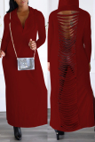 Burgundy Casual Solid Slit Hooded Collar Long Sleeve Dresses