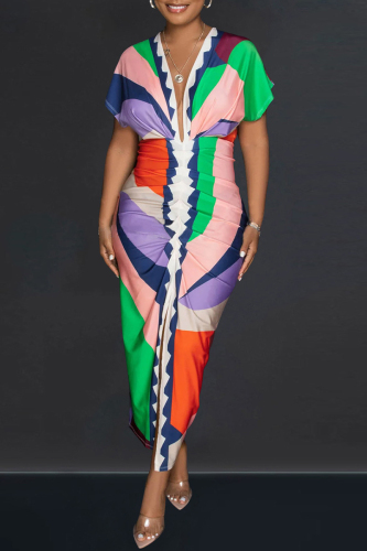 Green Casual Print Patchwork Slit V Neck Short Sleeve Dress Dresses