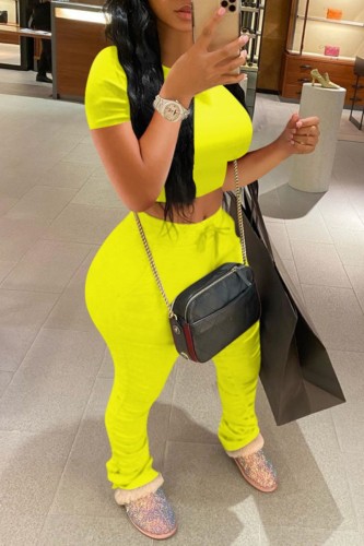 Yellow Casual Solid Fold O Neck Short Sleeve Two Pieces