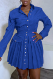Royal Blue Casual Striped Patchwork Pleated Turndown Collar Long Sleeve Dresses