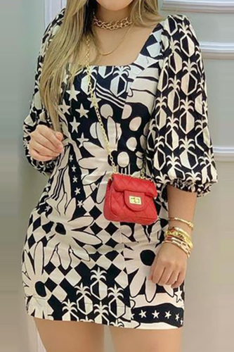 Beige Sexy Street Geometric Printing Square Collar One Step Skirt Dresses