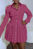 Rose Red Casual Striped Patchwork Pleated Turndown Collar Long Sleeve Dresses