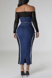 Blue Casual Patchwork See-through Contrast Off the Shoulder Long Sleeve Two Pieces