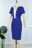Blue Sexy Solid Patchwork Buckle Turndown Collar Wrapped Skirt Short Sleeve Dress