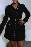Rose Red Casual Striped Patchwork Pleated Turndown Collar Long Sleeve Dresses