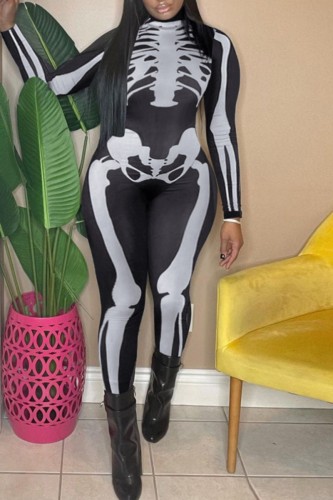 Black Halloween Skull Print Turtleneck Long Sleeve Cosplay Stretch Skinny Catsuit Jumpsuit Bodysuit