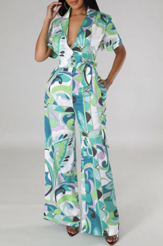 Green Casual Elegant Print Bandage Patchwork Pocket Turn-back Collar Short Sleeve Two Pieces