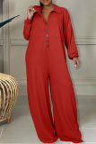 Black Casual Solid Patchwork Pocket Buckle Turndown Collar Plus Size Jumpsuits