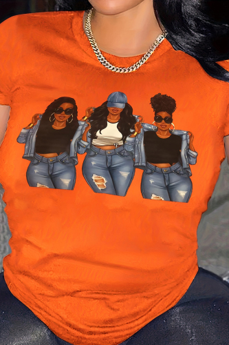 Black Orange Casual Street Print Patchwork O Neck T-Shirts