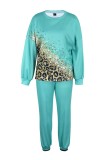 Blue Casual Print Basic O Neck Long Sleeve Two Pieces
