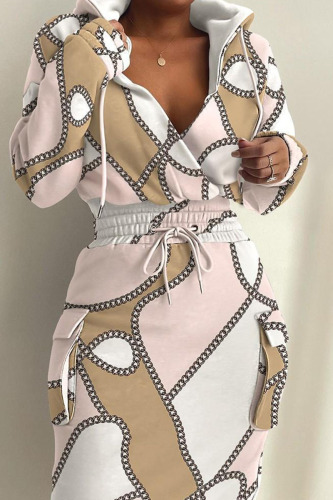 Pink Casual Print Patchwork V Neck Long Sleeve Plus Size Dresses
