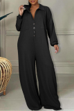 Grey Casual Solid Patchwork Pocket Buckle Turndown Collar Plus Size Jumpsuits