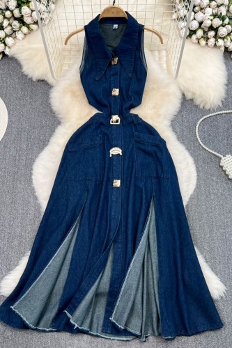 Blue Casual Solid Patchwork Slit Turndown Collar Sleeveless Denim Dresses