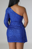 Blue Sexy Celebrities Solid Sequins Patchwork One Shoulder Wrapped Skirt Dresses