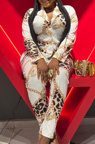 White Elegant Print Buckle Turndown Collar Long Sleeve Two Pieces