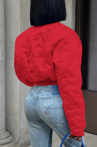 Red Casual Solid Patchwork Buttons Zipper Mandarin Collar Outerwear