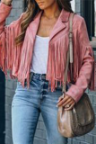 Pink Casual Solid Tassel Turndown Collar Outerwear