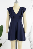Navy Blue Casual Sweet Daily Simplicity Solid Color Stringy Selvedge V Neck Regular Rompers
